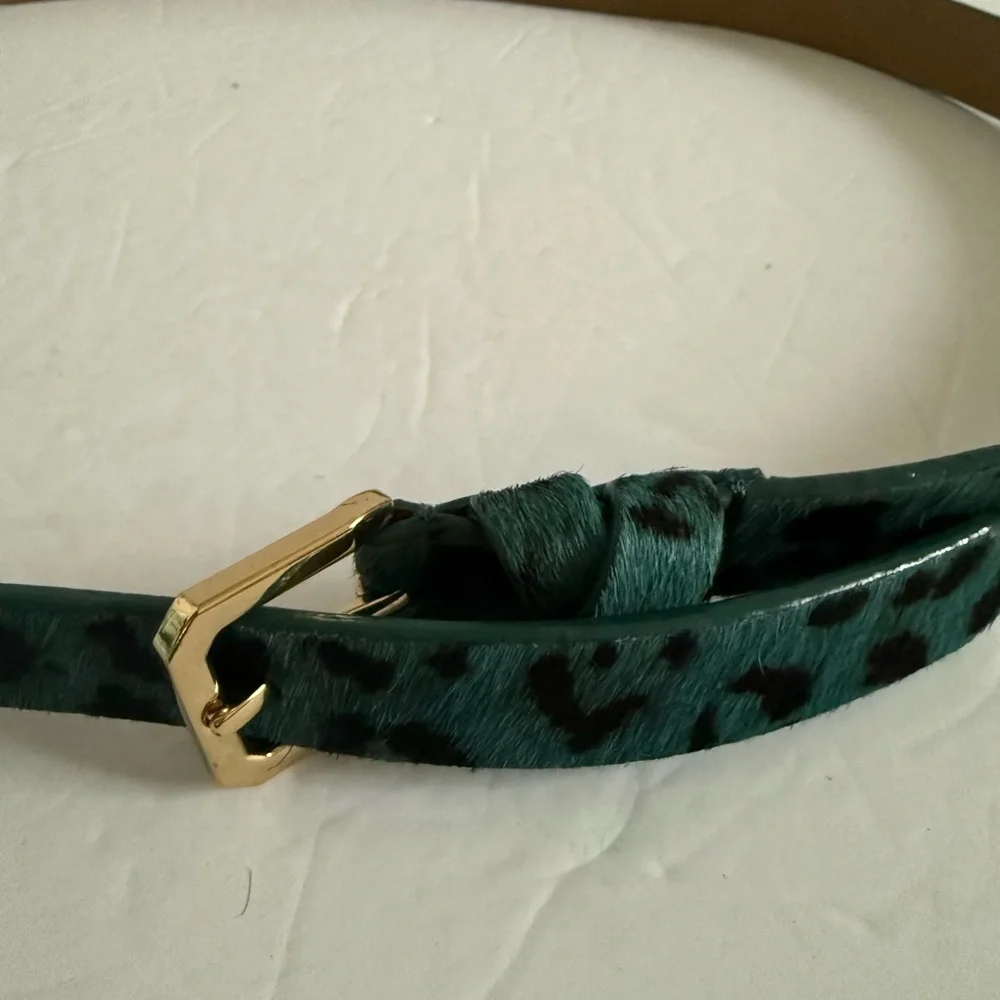 Teal Leather Belt with Gold Buckle and Textured Design